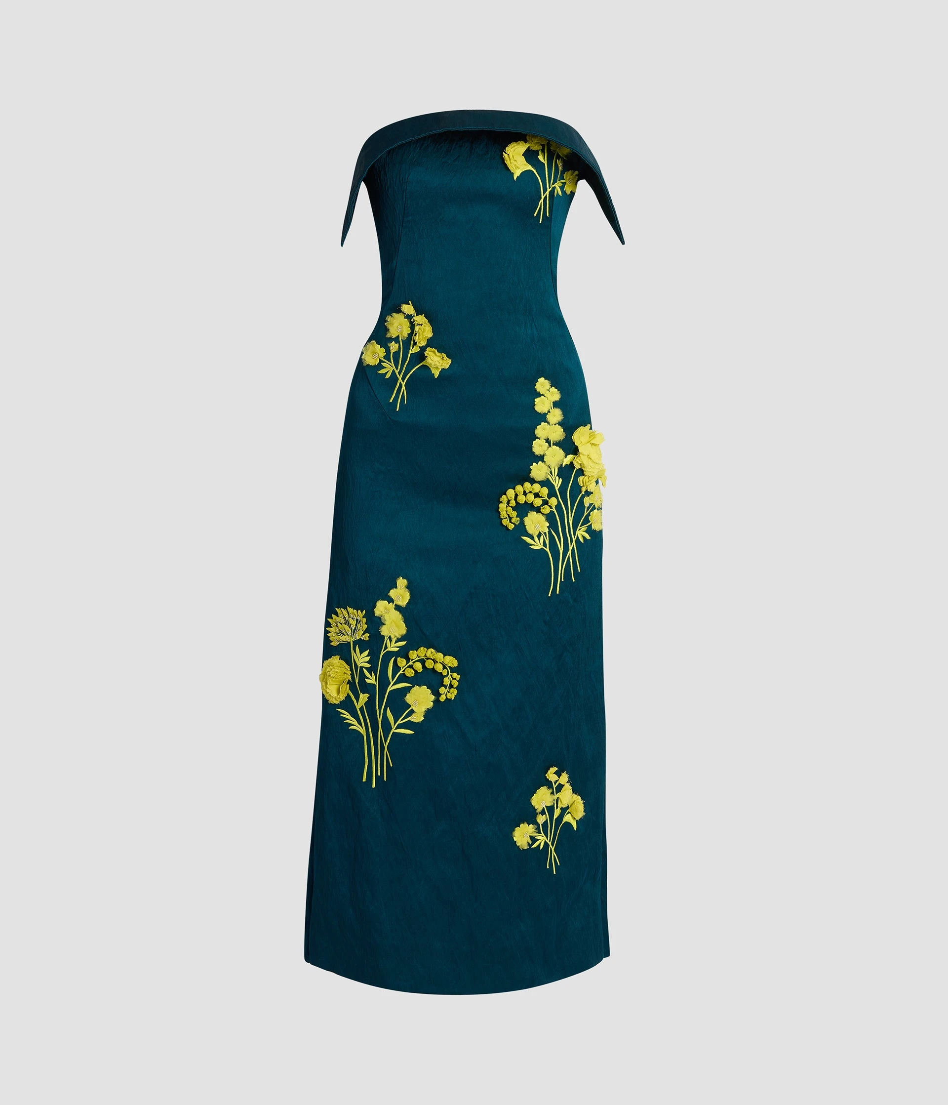 Embroidered Textured Satin Midi Pencil Dress