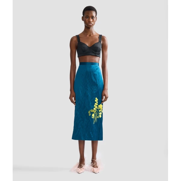 Erdem Embroidered Textured Satin Midi Pencil Skirt, view 4