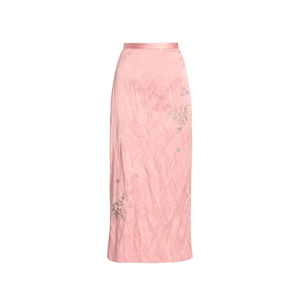 Embroidered Textured Satin Pencil Midi Skirt