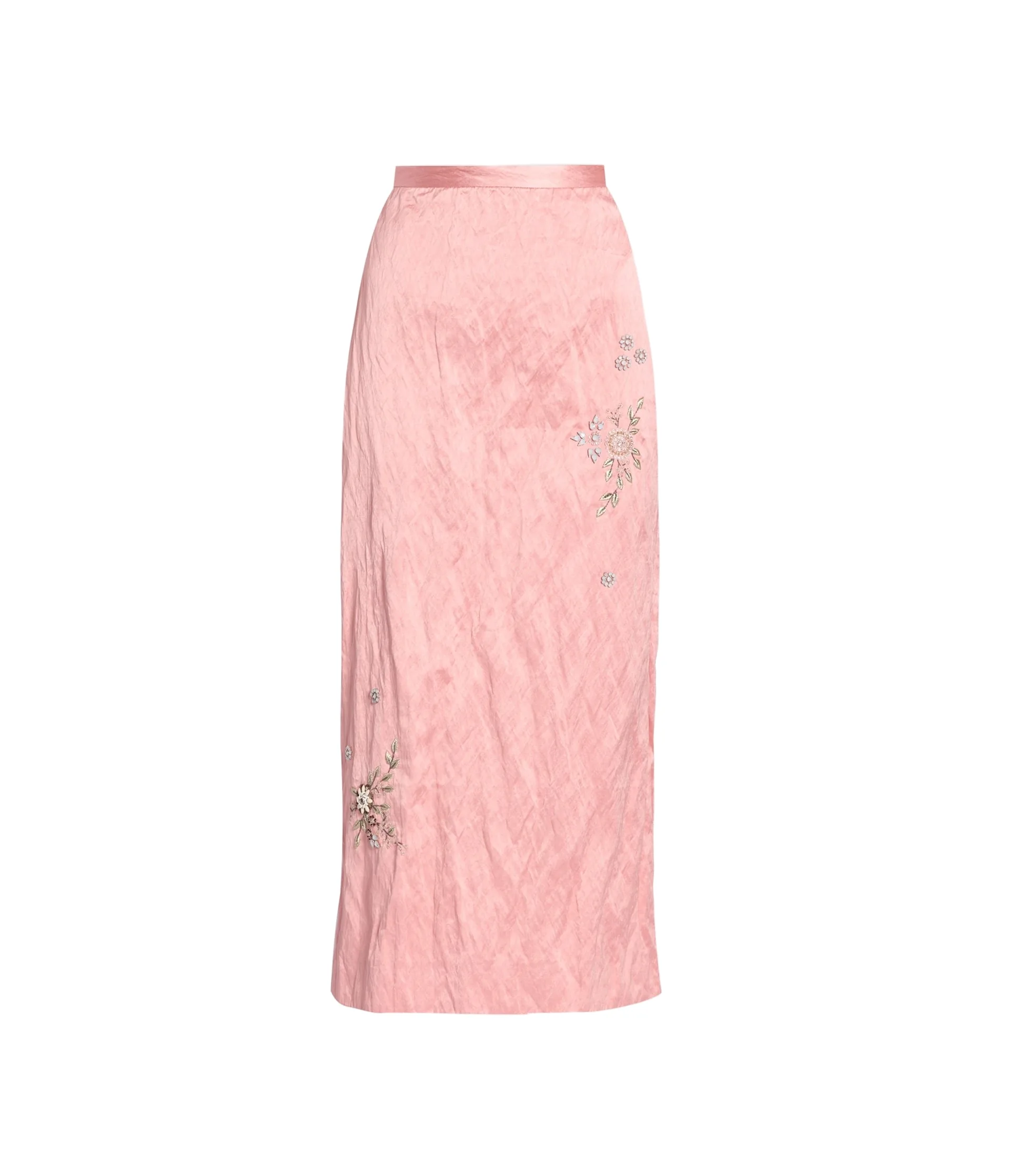 Embroidered Textured Satin Pencil Midi Skirt
