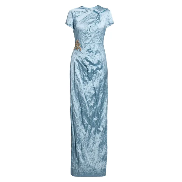Embroidered Textured Satin Short Sleeve Draped Gown