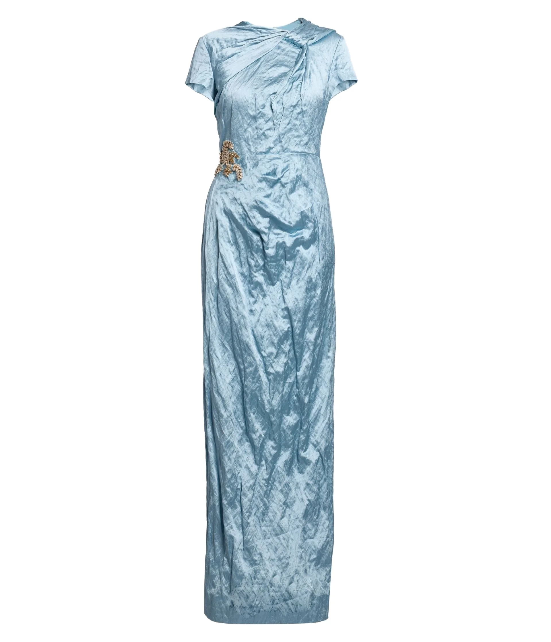 Embroidered Textured Satin Short Sleeve Draped Gown
