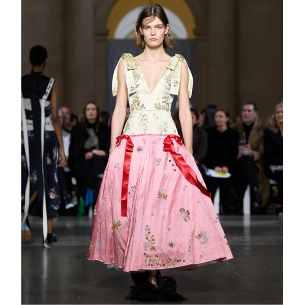 Erdem Embroidered Textured Satin Short Sleeve Midi Dress, view 3