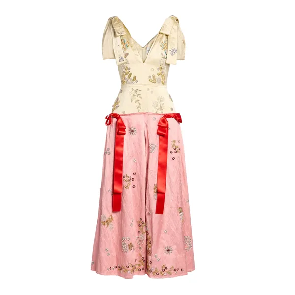 Erdem Embroidered Textured Satin Short Sleeve Midi Dress