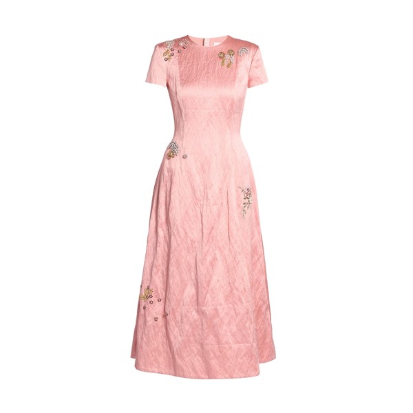 Erdem Emroidered Textured Satin Short Sleeve Midi Dress