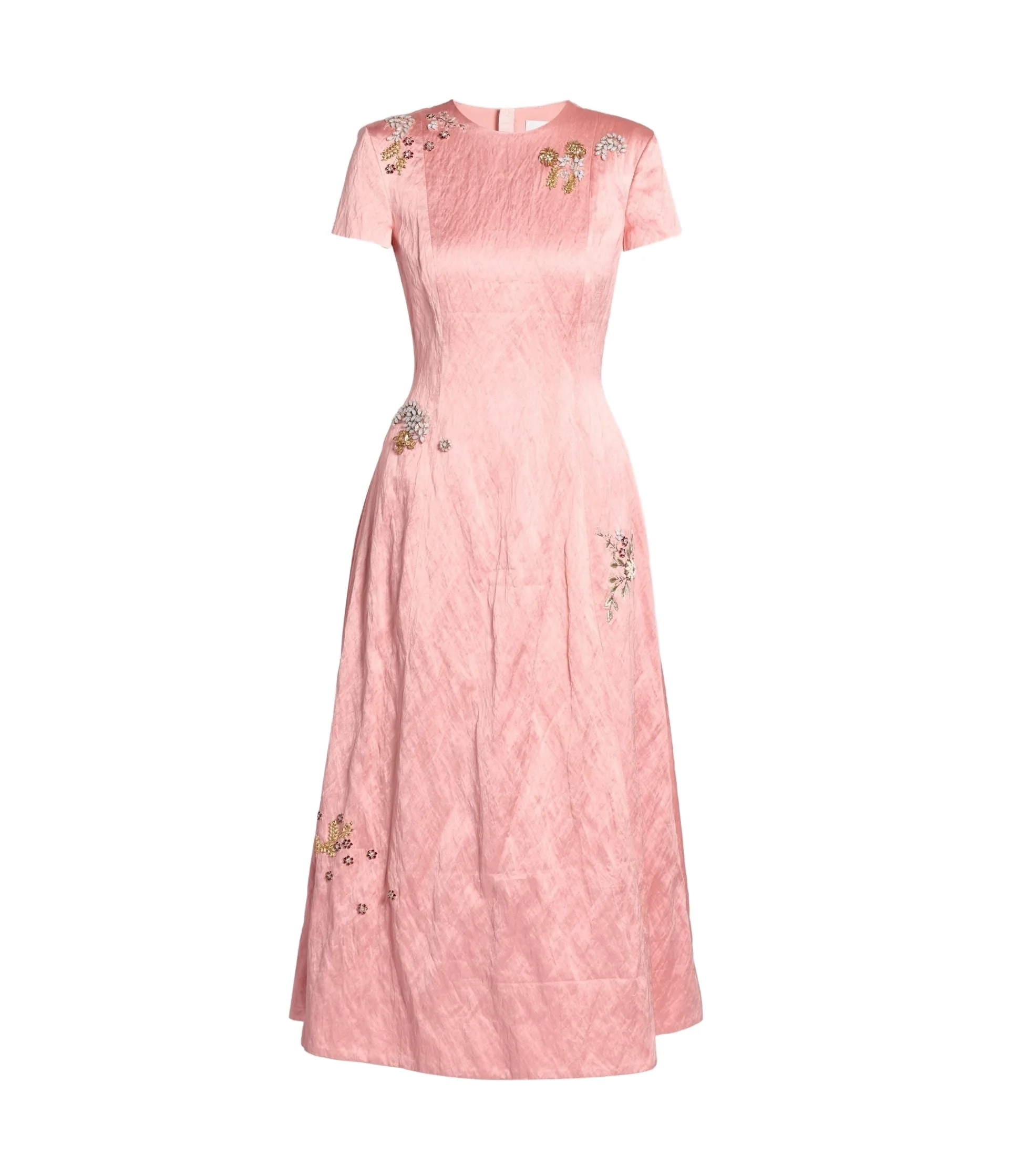 Emroidered Textured Satin Short Sleeve Midi Dress