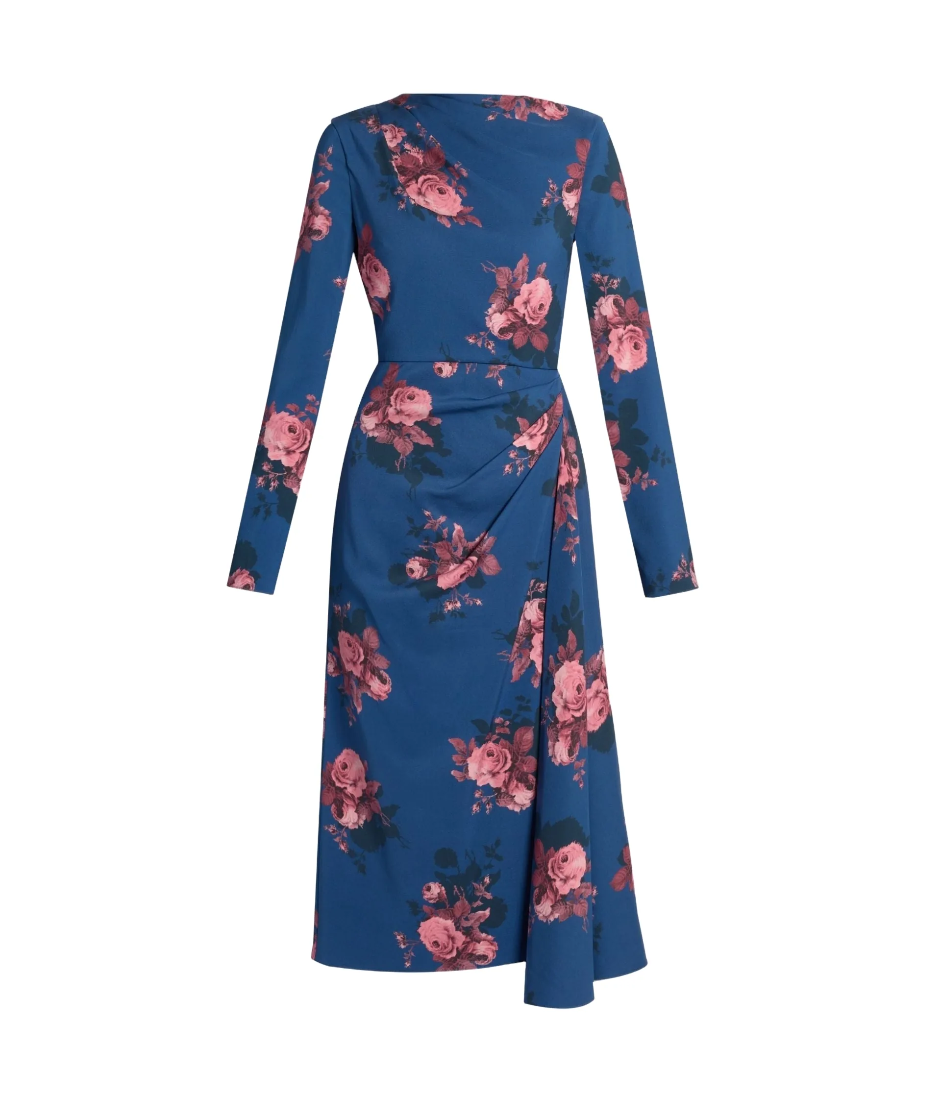 Floral Cady Long Sleeve Draped Midi Dress