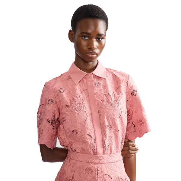 Erdem Floral Cotton Cutwork Short Sleeve Shirt, view 4