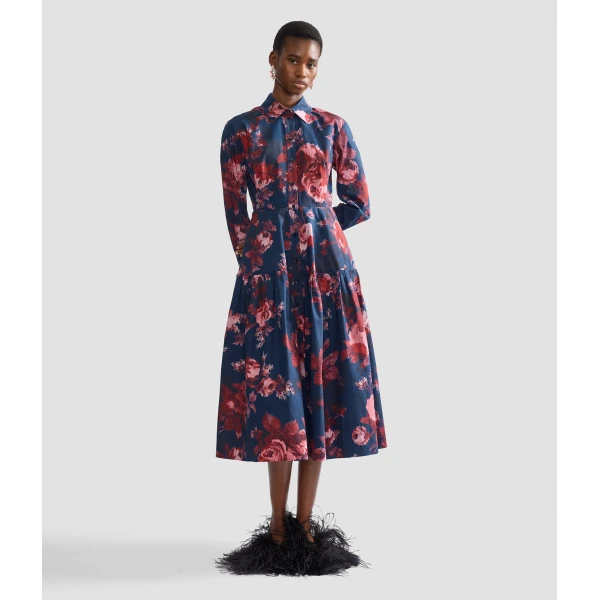 Erdem Floral Cotton Draped Long Sleeve Shirt Dress, view 4