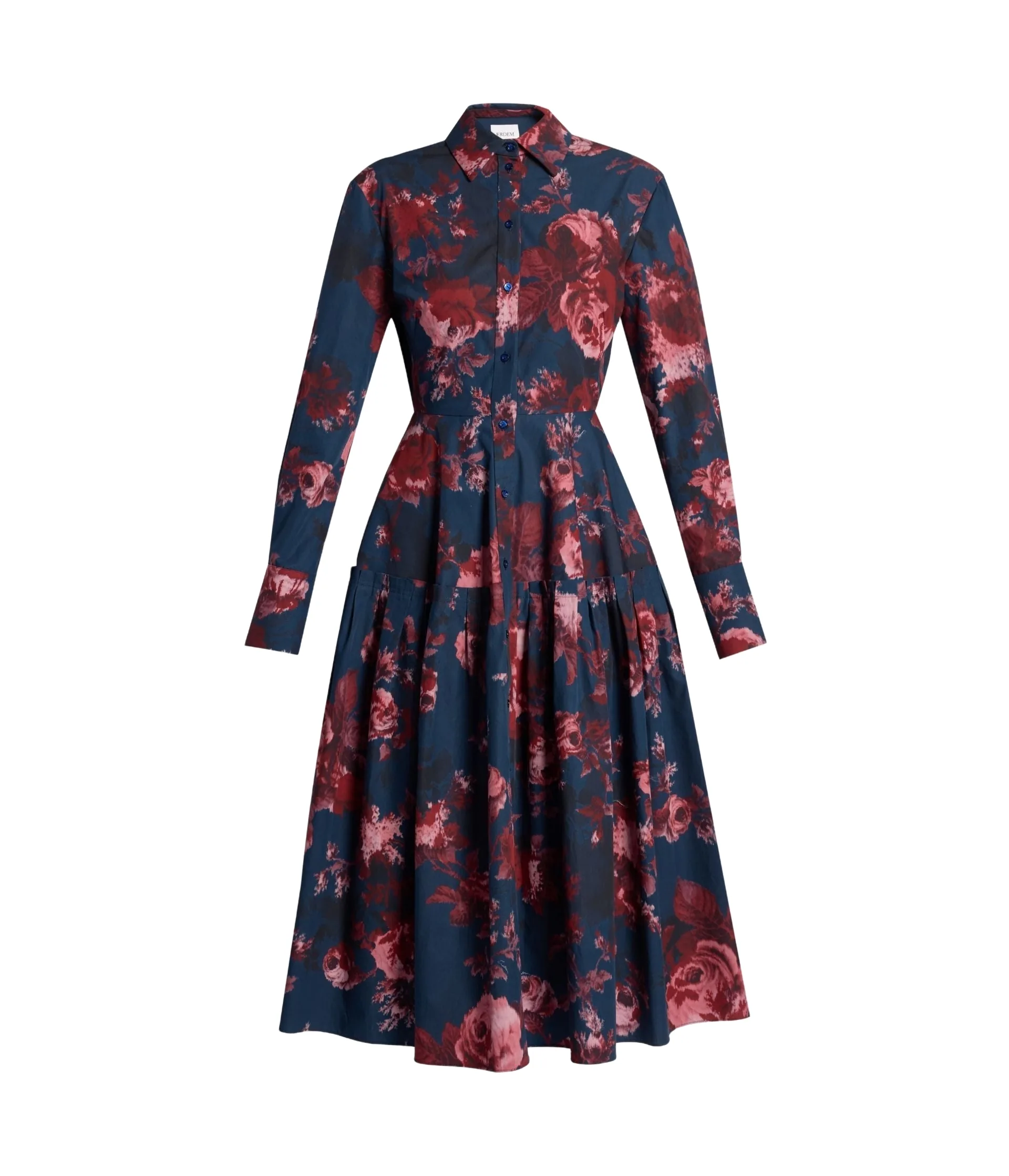 Floral Cotton Draped Long Sleeve Shirt Dress