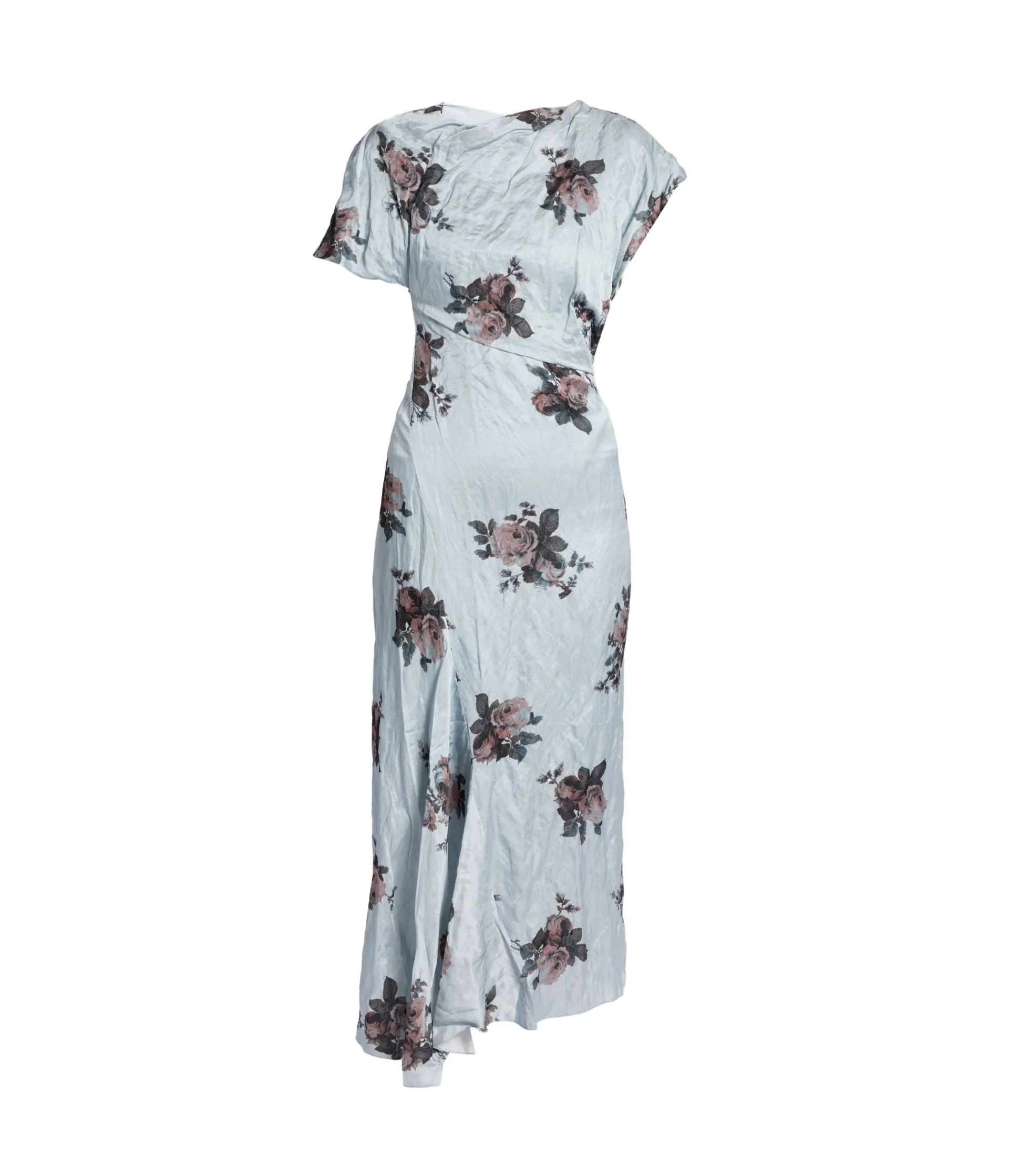 Floral Crushed Satin Asymmetric Midi Dress
