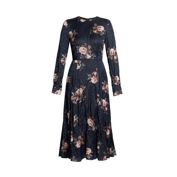 Erdem Floral Crushed Satin Long Sleeve Midi Dress