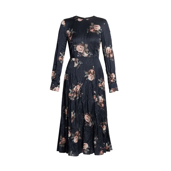 Erdem Floral Crushed Satin Long Sleeve Midi Dress