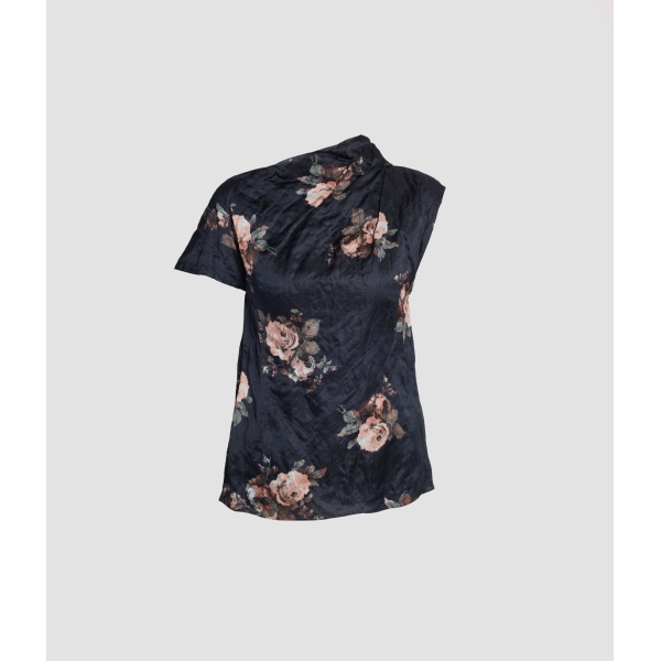 Erdem Floral Crushed Satin Short Sleeve Draped Top