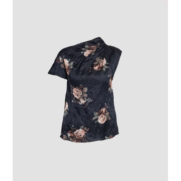 Erdem Floral Crushed Satin Short Sleeve Draped Top