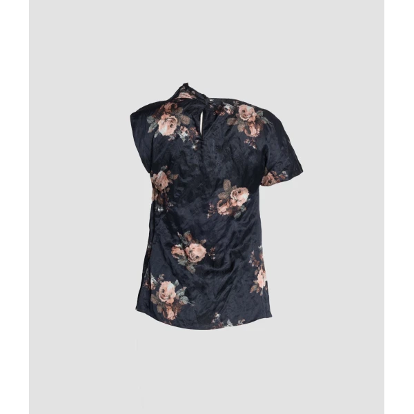 Erdem Floral Crushed Satin Short Sleeve Draped Top, view 2