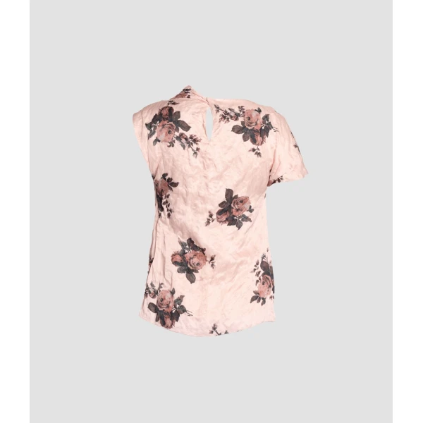 Erdem Floral Crushed Satin Short Sleeve Draped Top, view 2