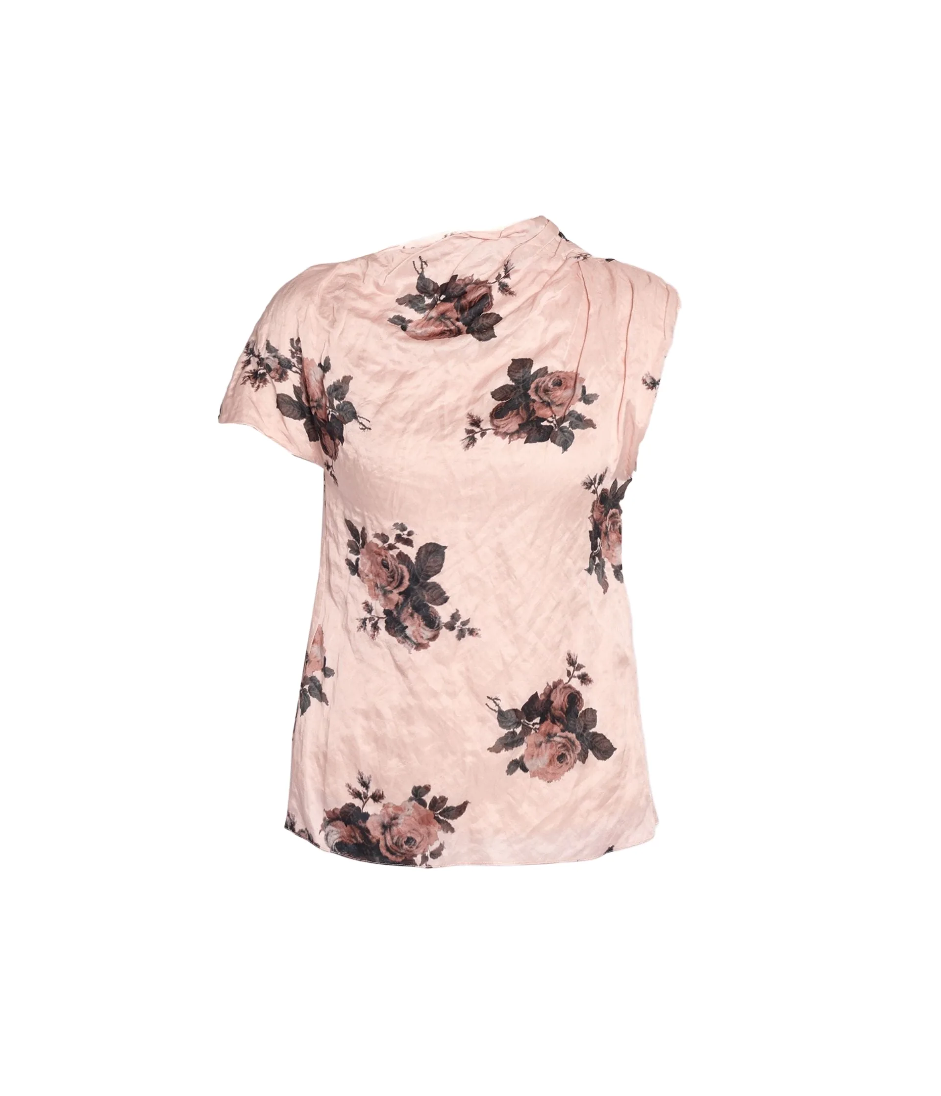 Floral Crushed Satin Short Sleeve Draped Top
