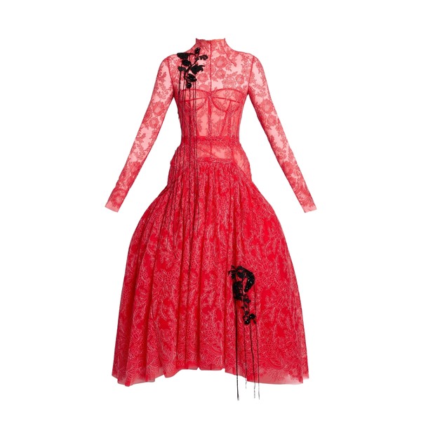 Erdem Floral Lace Tulle Long Sleeve Midi Dress