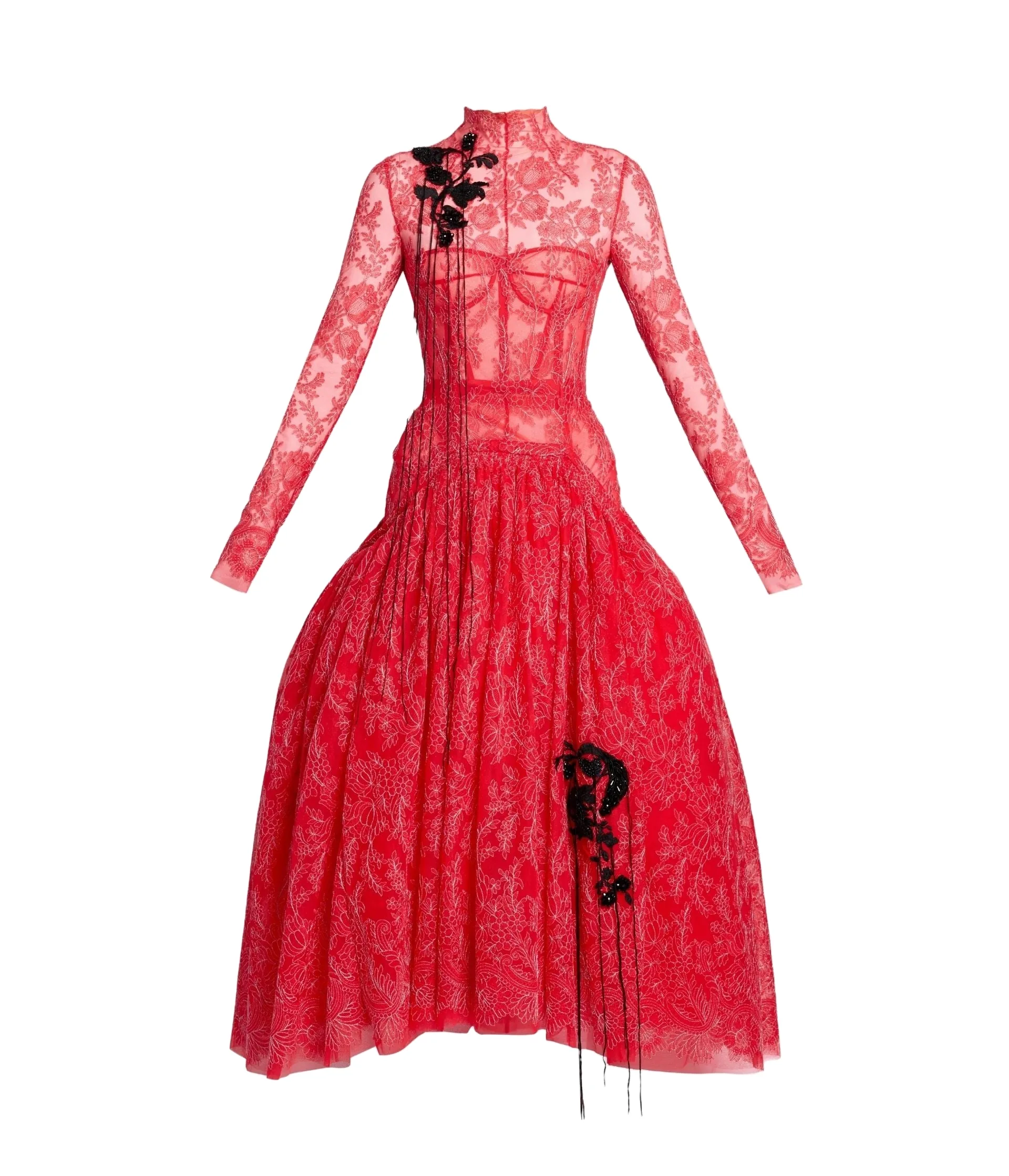 Floral Lace Tulle Long Sleeve Midi Dress