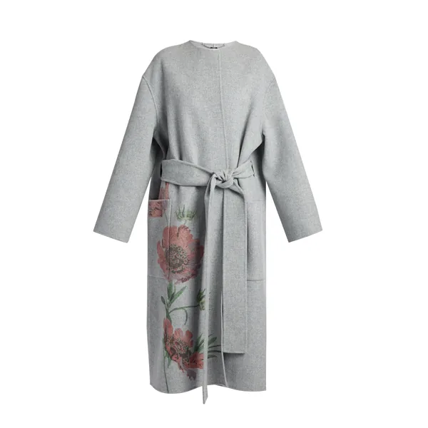 Floral Print Double Face Wool Belted Coat