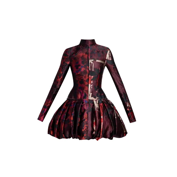 Erdem Floral Print Textured Satin Long Sleeve Dress