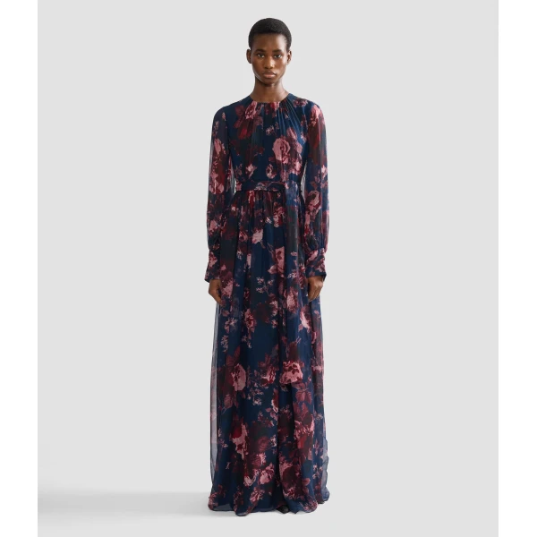 Erdem Floral Silk Creponne Long Sleeve Gown, view 4