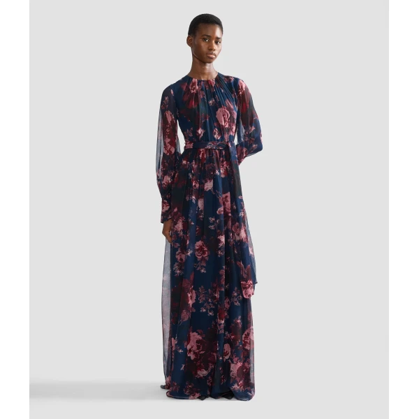 Erdem Floral Silk Creponne Long Sleeve Gown, view 6