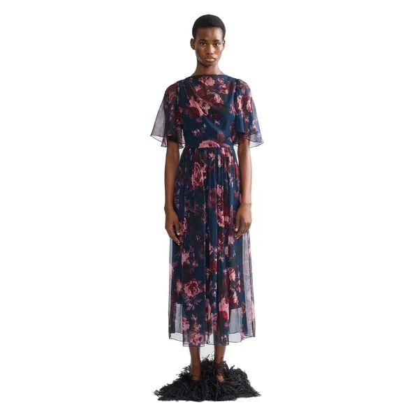 Erdem Floral Silk Creponne Short Sleeve Midi Dress, view 4
