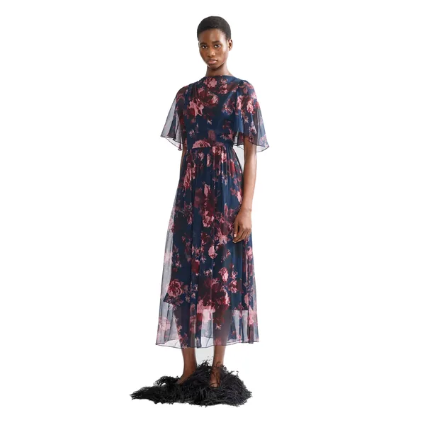 Erdem Floral Silk Creponne Short Sleeve Midi Dress, view 6