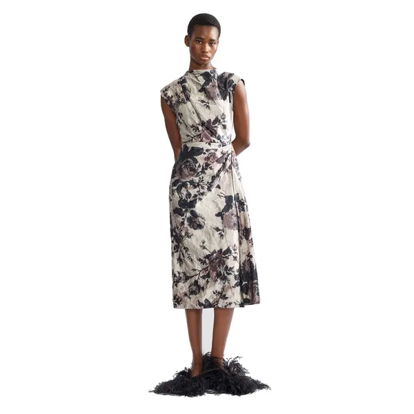 Erdem Floral Textured Satin Draped Midi Dress, view 5