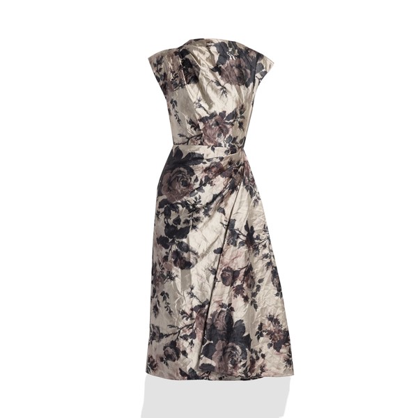 Erdem Floral Textured Satin Draped Midi Dress