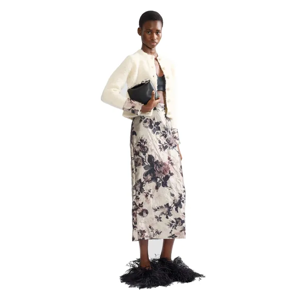 Erdem Floral Textured Satin Pencil Midi Skirt, view 6