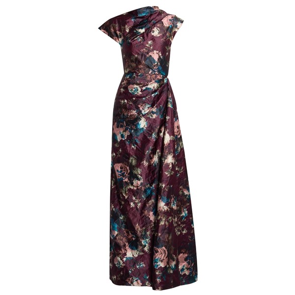 Erdem Floral Textured Satin Short Sleeve Draped Gown