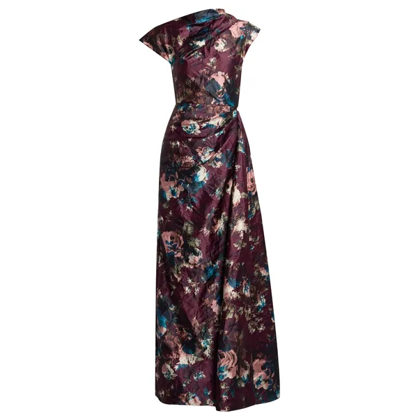 Erdem Floral Textured Satin Short Sleeve Draped Gown