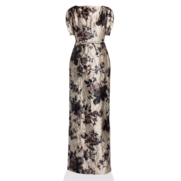 Erdem Floral Textured Satin Short Sleeve Gown