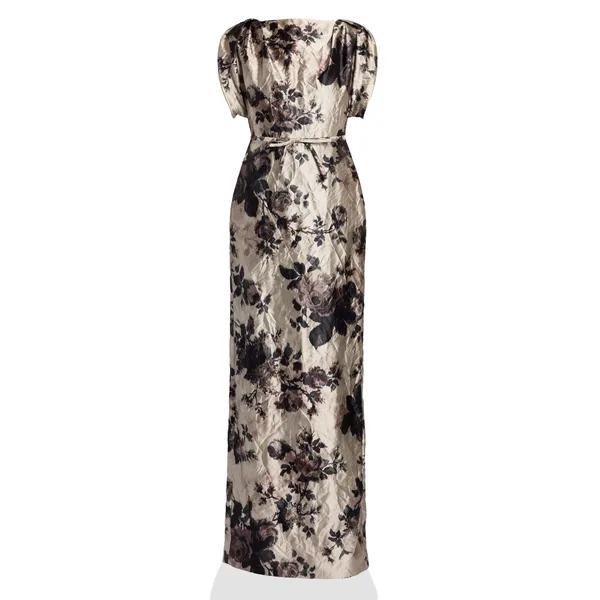 Erdem Floral Textured Satin Short Sleeve Gown