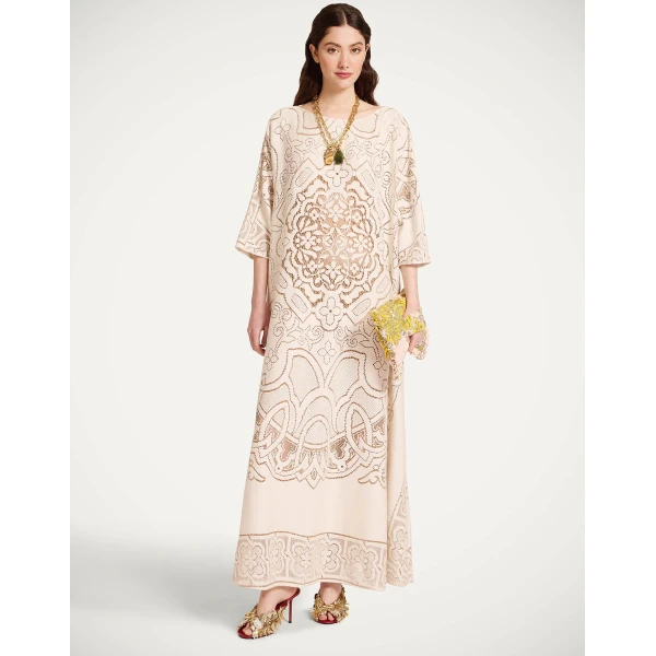La Double J Lacey Muumuu Dress in Solid White Smoke, view 4