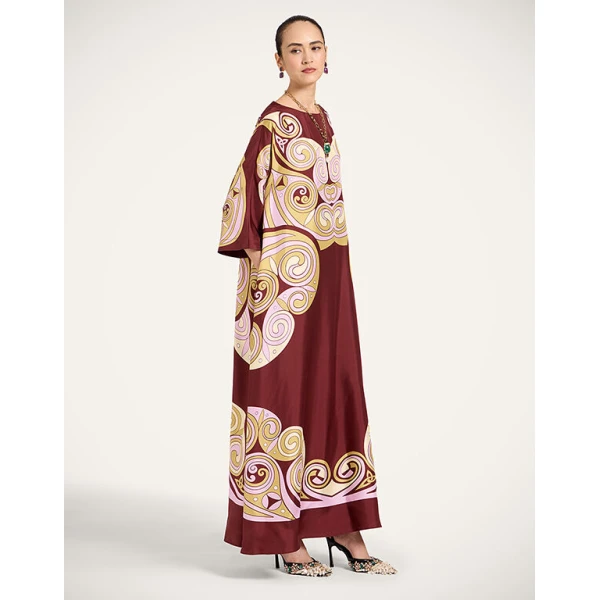 La Double J Muumuu Dress Round Neck in Kells Swirl Placée Burgundy, view 2