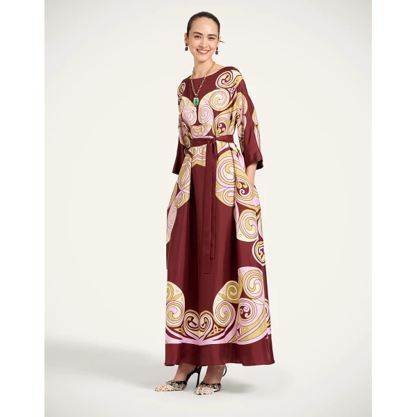 La Double J Muumuu Dress Round Neck in Kells Swirl Placée Burgundy, view 5