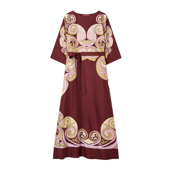 La Double J Muumuu Dress Round Neck in Kells Swirl Placée Burgundy