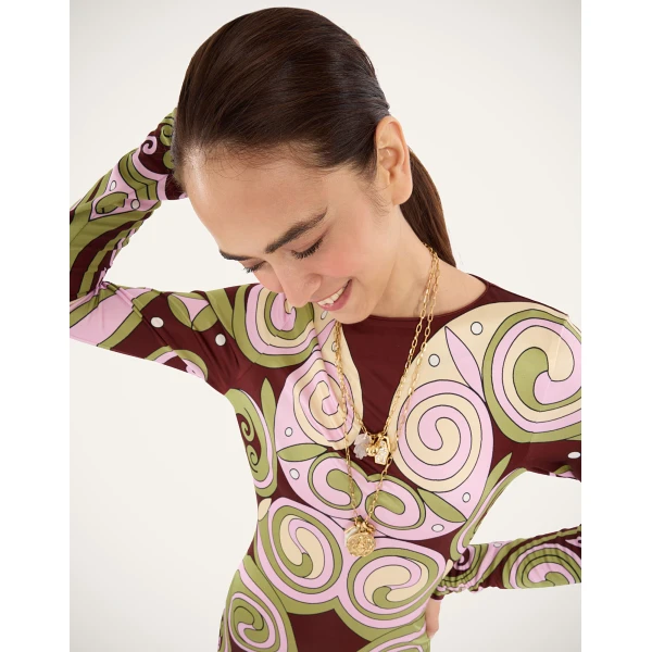 La Double J Slinky Swing Dress in Kells Swirl Placée Burgundy, view 5