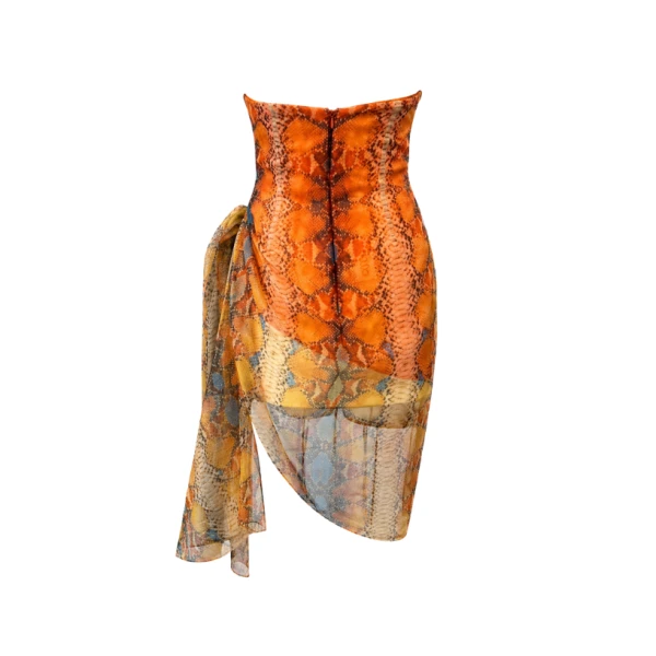 LaQuan Smith Asymmetrical Strapless Mini Dress with Neck Tie in Amber Python, view 2