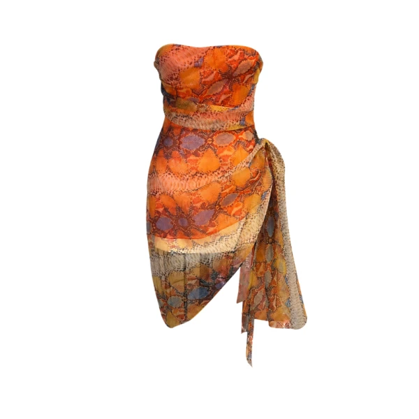 LaQuan Smith Asymmetrical Strapless Mini Dress with Neck Tie in Amber Python