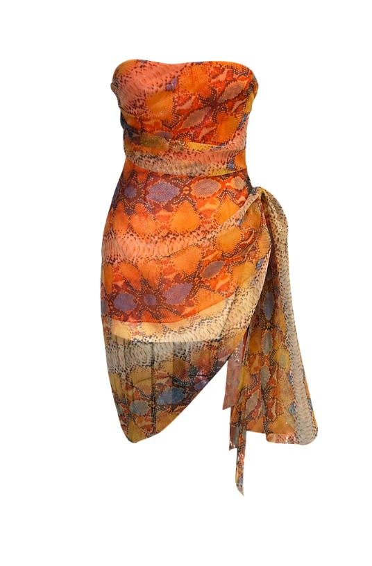 LaQuan Smith Asymmetrical Strapless Mini Dress with Neck Tie in Amber Python