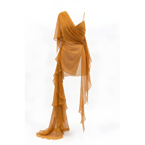 LaQuan Smith Asymmetrical Top with Ruffle Detail in Marigold