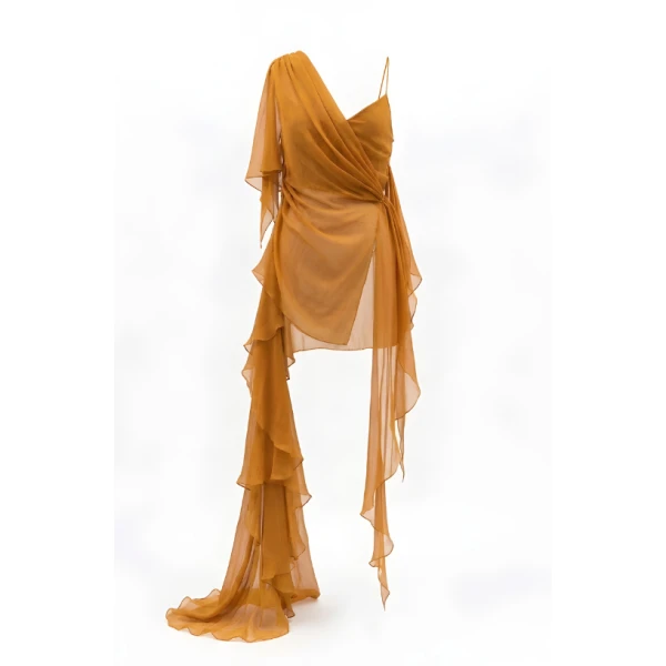 LaQuan Smith Asymmetrical Top with Ruffle Detail in Marigold