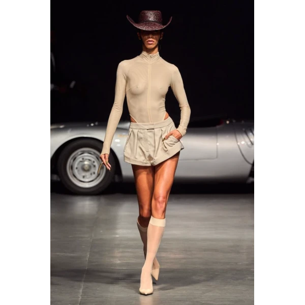 LaQuan Smith Baggy Boyshort in Champagne Pinstripe Shorts, view 2