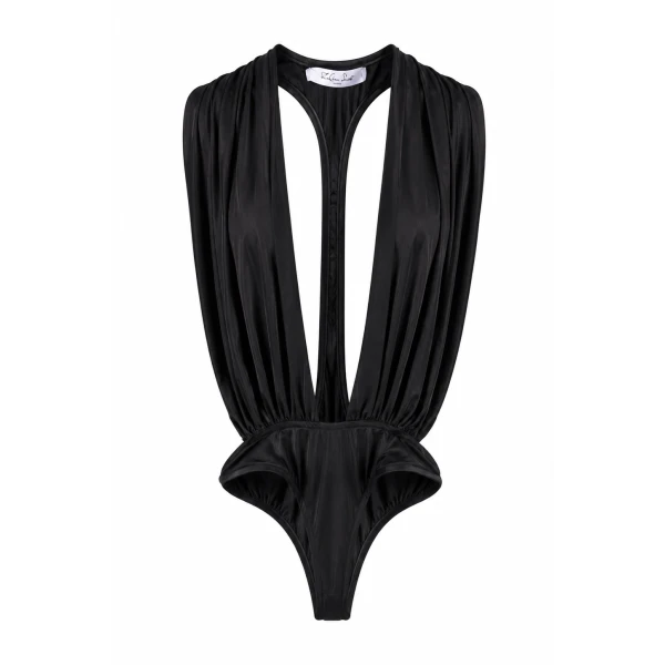LaQuan Smith Bodysuit with Plunge Neckline and Cutout Detail in Black