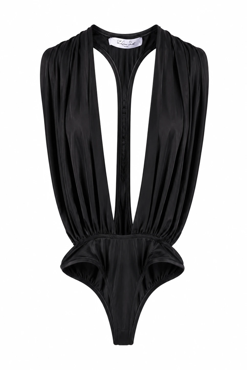 LaQuan Smith Bodysuit with Plunge Neckline and Cutout Detail in Black